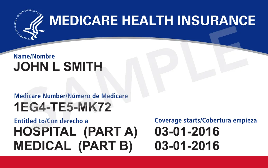 Sample red, white and blue Medicare card for John L Smith, marked SAMPLE, with a Medicare Number and two coverage lines: Hospital (Part A) and Medical (Part B)