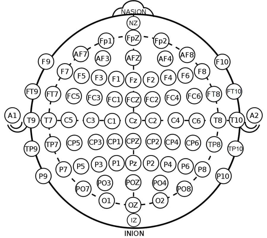 Top-down diagram of a head with the nose at the top, showing the standard 10-20 EEG electrode sites as labelled circles, including F3 and F4 over the left and right front of the brain
