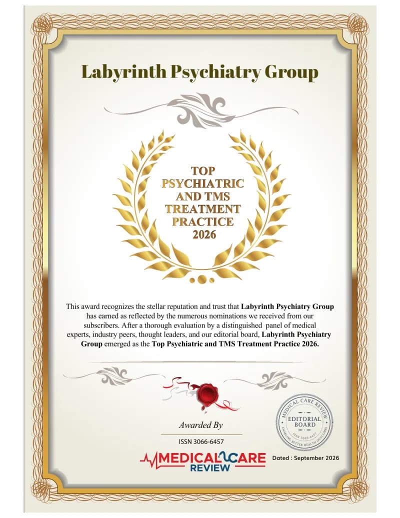 Medical Care Review certificate, dated September 2026, naming Labyrinth Psychiatry Group the Top Psychiatric and TMS Treatment Practice 2026